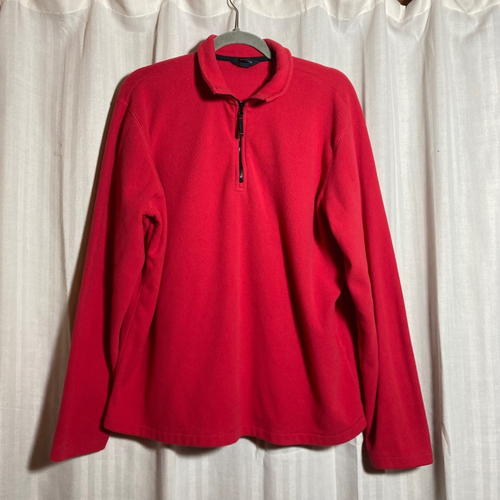 Lands End Men ThermaCheck Fleece Quarter Zip Pullover Red Uniform L Outdoor Warm